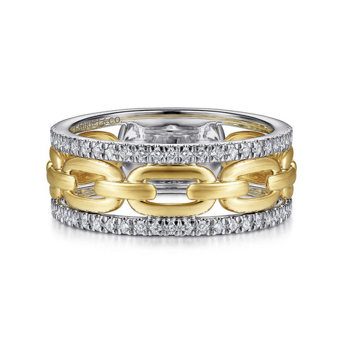 14K White-Yellow Gold Chain Link Diamond Border Ring – LR51522M45JJ-Gabriel & Co.-Renee Taylor Gallery