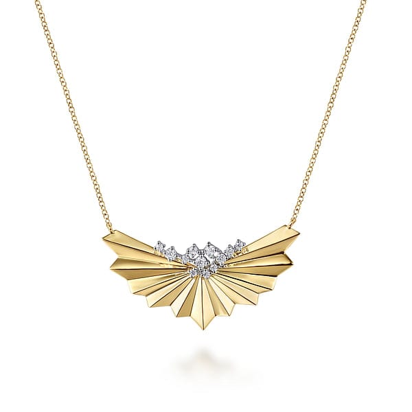 14K White & Yellow Gold Radiant Fan Diamond Cut and Cluster Diamond Bar Necklace - NK7824M45JJ-Gabriel & Co.-Renee Taylor Gallery
