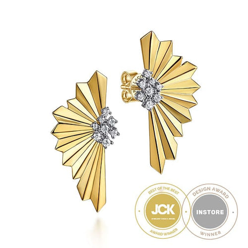 14K White & Yellow Gold Radiant Fan Diamond Cut and Cluster Diamond Stud Earrings - EG15345M45JJ-Gabriel & Co.-Renee Taylor Gallery