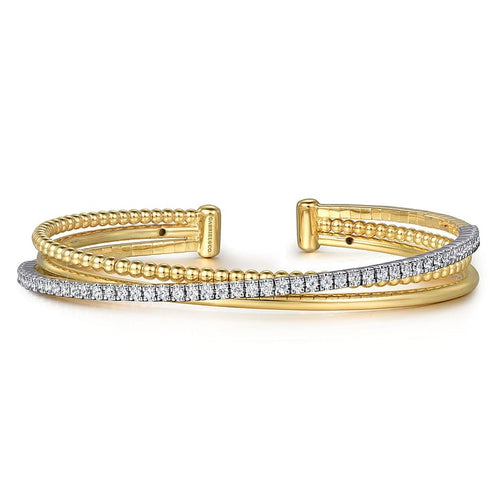 14K White and Yellow Gold Diamond Bujukan Criss Cross Bangle - BG4898-62M45JJ-Gabriel & Co.-Renee Taylor Gallery
