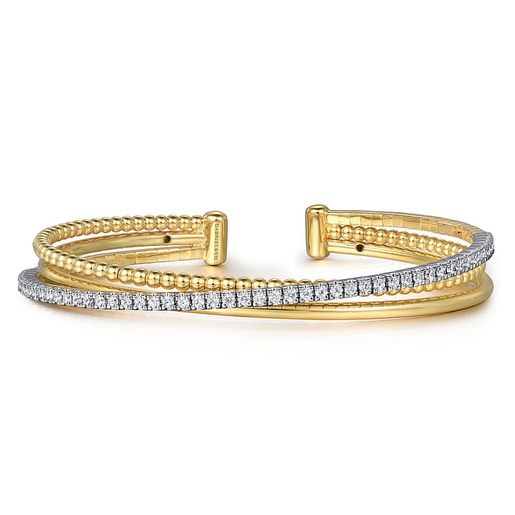 14K White and Yellow Gold Diamond Bujukan Criss Cross Bangle - BG4898-62M45JJ-Gabriel & Co.-Renee Taylor Gallery