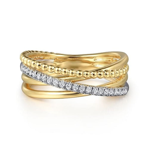 14K White and Yellow Gold Diamond Criss Cross Bujukan Ladies Ring - LR52551M45JJ-Gabriel & Co.-Renee Taylor Gallery