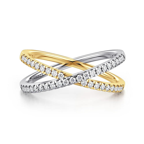 14K White and Yellow Gold Diamond RD Criss Cross Ring Lusso Collection - LR53046M45JJ-Gabriel & Co.-Renee Taylor Gallery