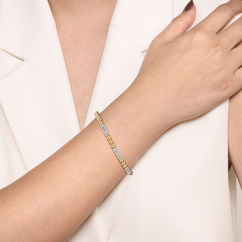14K White and Yellow Gold Diamond Pavé Three Station Bar Bujukan Beads Split Bangle Bracelet - BG4974-62M45JJ-Gabriel & Co.-Renee Taylor Gallery