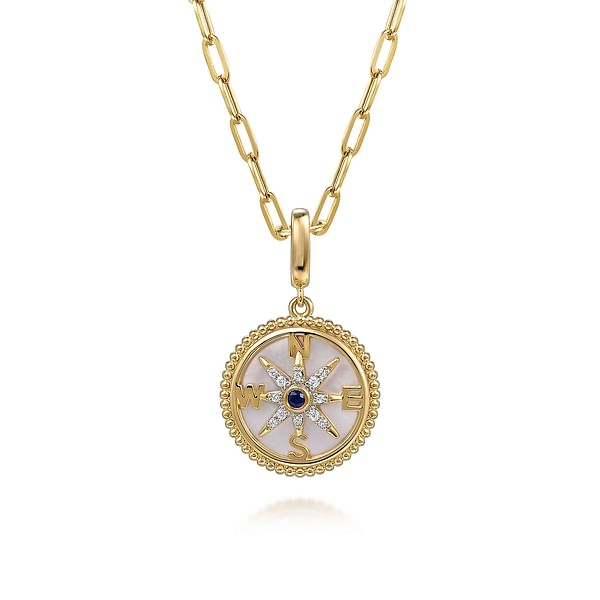 14K Yellow Gold 18mm Bujukan Diamond Compass & Mother of Pearl Medallion Pendant - PT6640Y45MC-Gabriel & Co.-Renee Taylor Gallery