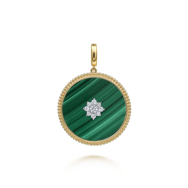 14K Yellow Gold 32mm Bujukan Diamond Malachite Medallion Pendant With Detachable Bail - PT6621Y45MA