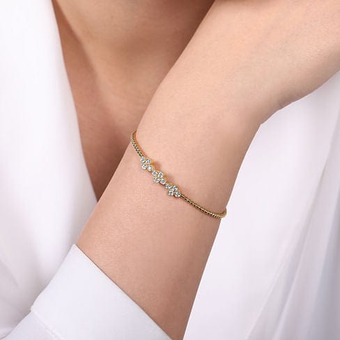 14K Yellow Gold Bujukan Cuff Bracelet with Three Quatrefoil Diamond Stations - BG4115-62Y45JJ-Gabriel & Co.-Renee Taylor Gallery