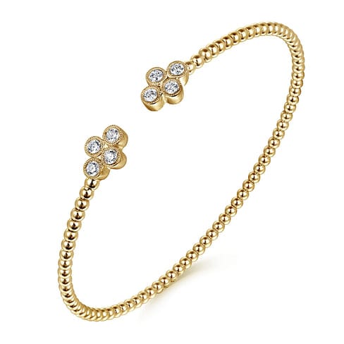 14K Yellow Gold Bujukan Split Cuff Bracelet with Quatrefoil Diamond Endcaps - BG4124-62Y45JJ-Gabriel & Co.-Renee Taylor Gallery