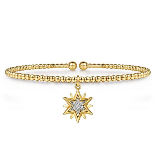 14K Yellow Gold Bujukan Beaded Diamond and Diamond Cut Starburst Charm Cuff Bangle Bracelet Bujukan Collection - BG5339-57Y45JJ-Gabriel & Co.-Renee Taylor Gallery