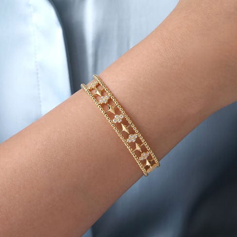 14K Yellow Gold Bujukan Cuff Bracelet with Inner Diamond Cluster and Gold Pyramid Connectors. - BG4615-62Y45JJ-Gabriel & Co.-Renee Taylor Gallery