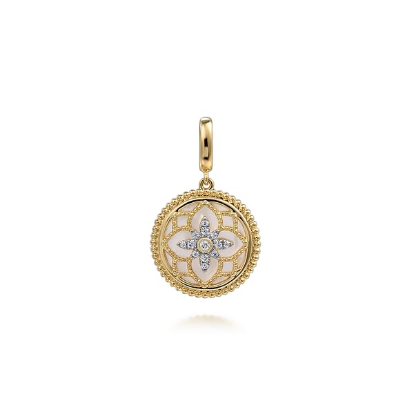 14K Yellow Gold Bujukan Diamond and Mother of Pearl Medallion Pendant 18mm - PT6615Y45WM-Gabriel & Co.-Renee Taylor Gallery