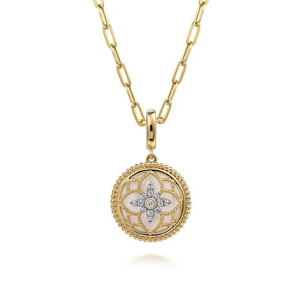 14K Yellow Gold Bujukan Diamond and Mother of Pearl Medallion Pendant 18mm - PT6615Y45WM-Gabriel & Co.-Renee Taylor Gallery