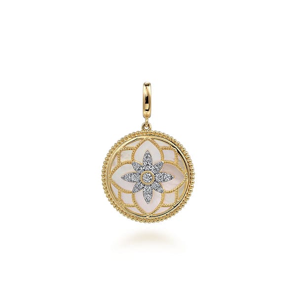 14K Yellow Gold Bujukan Diamond and Mother of Pearl Medallion Pendant 24mm - PT6614Y45WM-Gabriel & Co.-Renee Taylor Gallery