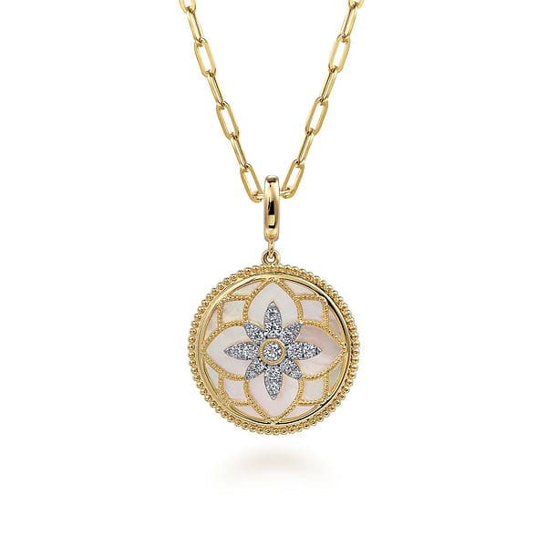 14K Yellow Gold Bujukan Diamond and Mother of Pearl Medallion Pendant 24mm - PT6614Y45WM-Gabriel & Co.-Renee Taylor Gallery