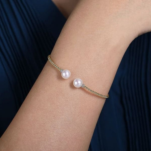 14K Yellow Gold Bujukan Diamond and Pearl Split Bangle - BG4247-62Y45PL-Gabriel & Co.-Renee Taylor Gallery