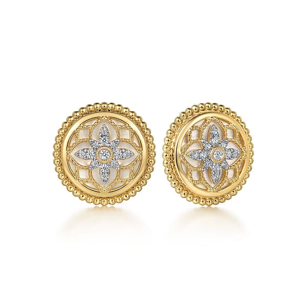 14K Yellow Gold Bujukan Diamonds and White Mother of Pearl Stud Earrings - EG15127Y45WM-Gabriel & Co.-Renee Taylor Gallery