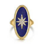 14K Yellow Gold Bujukan Elongated Oval Lapis Inlay Starburst Signet Ring Bujukan Collection - LR52515Y45LP-Gabriel & Co.-Renee Taylor Gallery
