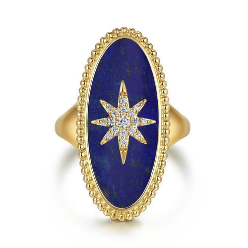14K Yellow Gold Bujukan Elongated Oval Lapis Inlay Starburst Signet Ring Bujukan Collection - LR52515Y45LP-Gabriel & Co.-Renee Taylor Gallery