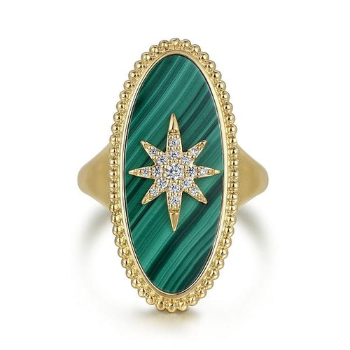 14K Yellow Gold Bujukan Elongated Oval Malachite Inlay Starburst Signet Ring - LR52515Y45MA-Gabriel & Co.-Renee Taylor Gallery