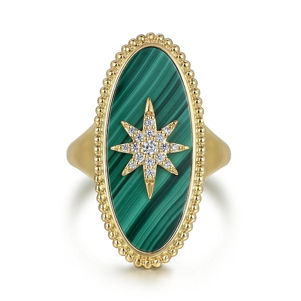 14K Yellow Gold Bujukan Elongated Oval Malachite Inlay Starburst Signet Ring - LR52515Y45MA-Gabriel & Co.-Renee Taylor Gallery