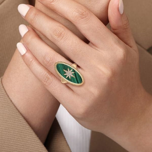 14K Yellow Gold Bujukan Elongated Oval Malachite Inlay Starburst Signet Ring - LR52515Y45MA-Gabriel & Co.-Renee Taylor Gallery