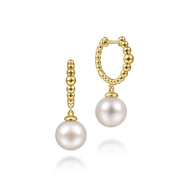 14K Yellow Gold Bujukan Pearls Drop Huggie Earrings - EG14162Y4JPL-Gabriel & Co.-Renee Taylor Gallery