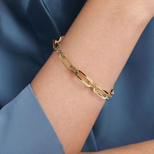 14K Yellow Gold Casted Bujukan Ball Link and Hollow Paperclip Link Chain Bracelet - TB4656-75Y4JJJ-Gabriel & Co.-Renee Taylor Gallery