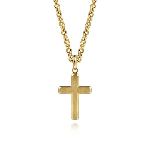14K Yellow Gold Cross Pendant with Vertical Brush - PCM20040Y4JJJ-Gabriel & Co.-Renee Taylor Gallery