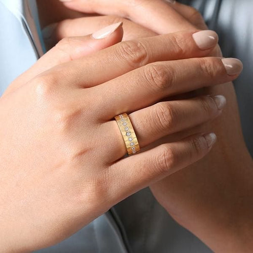 14K Yellow Gold Diamond Band with Hexagon Pattern - LR52180Y45JJ-Gabriel & Co.-Renee Taylor Gallery