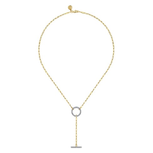 14K Yellow Gold Diamond Circle and Bar "Y" Knot Necklace with Hollow Paperclip Chain - NK7130Y45JJ-Gabriel & Co.-Renee Taylor Gallery