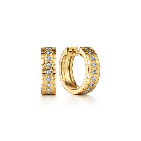 14K Yellow Gold Diamond Huggies With Hexagon Pattern - EG14501Y45JJ-Gabriel & Co.-Renee Taylor Gallery