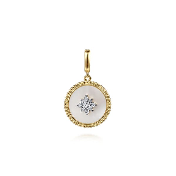 14K Yellow Gold Diamond & Mother of Pearl Medallion Pendant 18mm - PT6631Y45WM-Gabriel & Co.-Renee Taylor Gallery