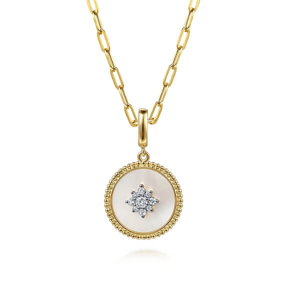 14K Yellow Gold Diamond & Mother of Pearl Medallion Pendant 18mm - PT6631Y45WM-Gabriel & Co.-Renee Taylor Gallery