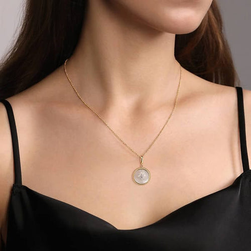 14K Yellow Gold Diamond & Mother of Pearl Medallion Pendant 18mm - PT6631Y45WM-Gabriel & Co.-Renee Taylor Gallery