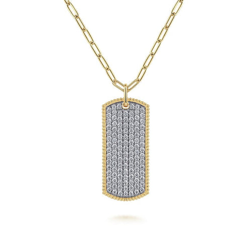 14K Yellow Gold Diamond Pave Dog Tag Pendant Hollow Chain Necklace - NK6843-32Y45JJ-Gabriel & Co.-Renee Taylor Gallery