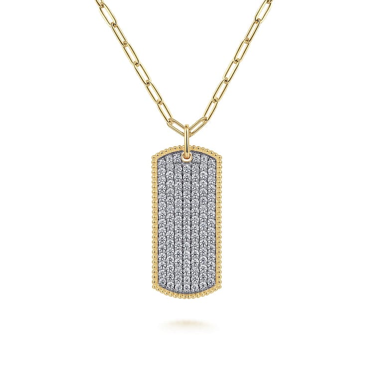 14K Yellow Gold Diamond Pave Dog Tag Pendant Hollow Chain Necklace - NK6843-32Y45JJ-Gabriel & Co.-Renee Taylor Gallery