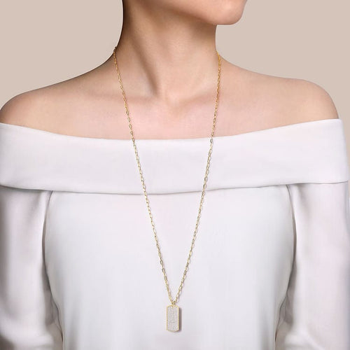 14K Yellow Gold Diamond Pave Dog Tag Pendant Hollow Chain Necklace - NK6843-32Y45JJ-Gabriel & Co.-Renee Taylor Gallery