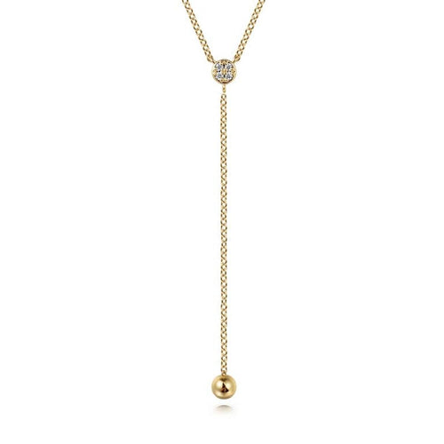 14K Yellow Gold Diamond Y-Knot Necklace with Hollow Gold Bead - NK7436Y45JJ-Gabriel & Co.-Renee Taylor Gallery