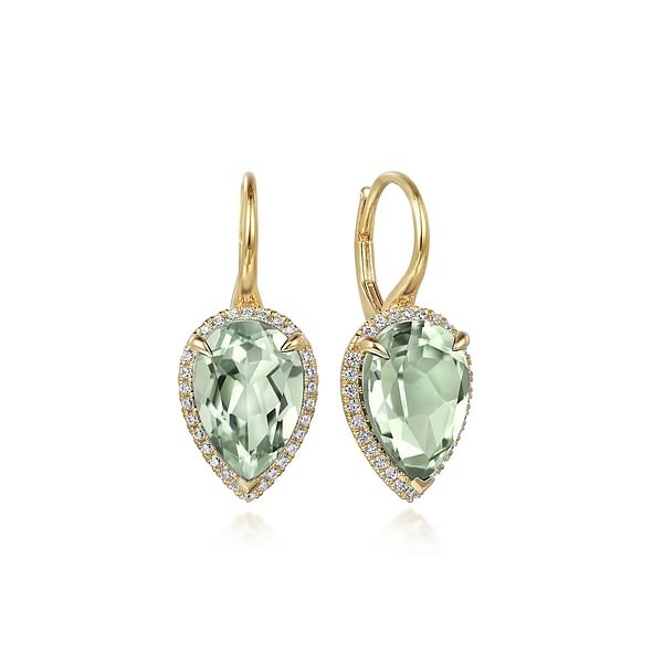 14K Yellow Gold Diamond and Flat Pear Green Amethyst Earrings - EG14981Y45GA-Gabriel & Co.-Renee Taylor Gallery