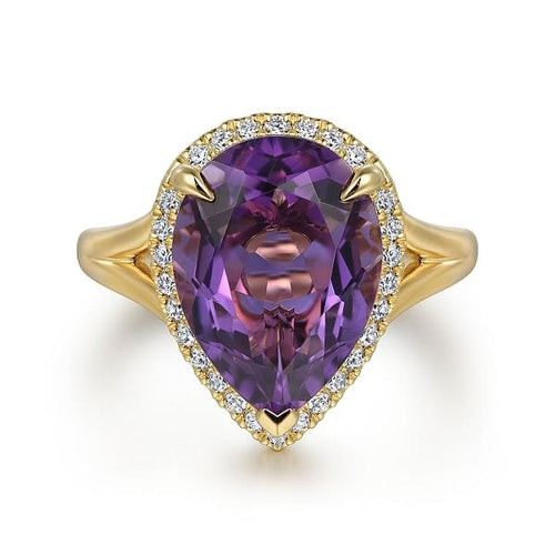 14K Yellow Gold Diamond and Flat Pear Shape Amethyst Ladies Ring With Flower Pattern Gallery - LR52485Y45AM-Gabriel & Co.-Renee Taylor Gallery