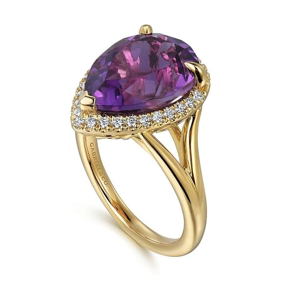 14K Yellow Gold Diamond and Flat Pear Shape Amethyst Ladies Ring With Flower Pattern Gallery - LR52485Y45AM-Gabriel & Co.-Renee Taylor Gallery