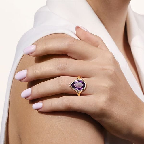 14K Yellow Gold Diamond and Flat Pear Shape Amethyst Ladies Ring With Flower Pattern Gallery - LR52485Y45AM-Gabriel & Co.-Renee Taylor Gallery