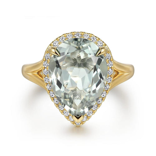 14K Yellow Gold Diamond and Flat Pear Shape Green Amethyst Ladies Ring With Flower Pattern Gallery Color Collection - LR52485Y45GA-Gabriel & Co.-Renee Taylor Gallery