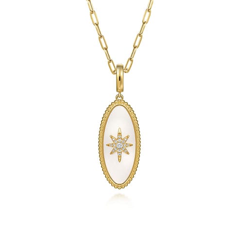 14K Yellow Gold Diamond and White Mother of Pearl Bujukan Oval Shape Medallion Pendant - PT6646Y45WM-Gabriel & Co.-Renee Taylor Gallery