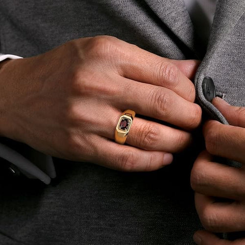 14K Yellow Gold Garnet Mens Ring in Sand Blast Finish - MR20066Y4JGN-Gabriel & Co.-Renee Taylor Gallery