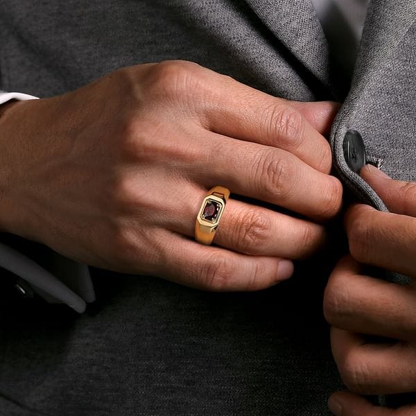 14K Yellow Gold Garnet Mens Ring in Sand Blast Finish - MR20066Y4JGN-Gabriel & Co.-Renee Taylor Gallery