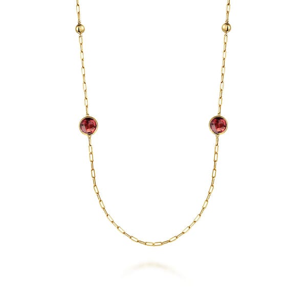14K Yellow Gold Garnet Round Shape Necklace With Four Stations Beads and Bezel Setting - NK7465-32Y4JGN-Gabriel & Co.-Renee Taylor Gallery