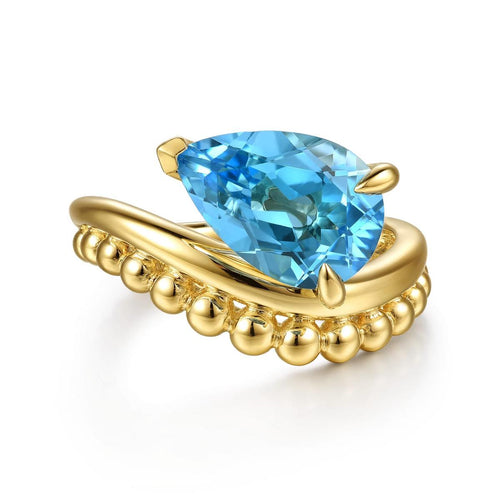 14K Yellow Gold Graduating Bujukan Pear Blue Topaz Curved Ring Bujukan Collection - LR53112Y4JBT-Gabriel & Co.-Renee Taylor Gallery