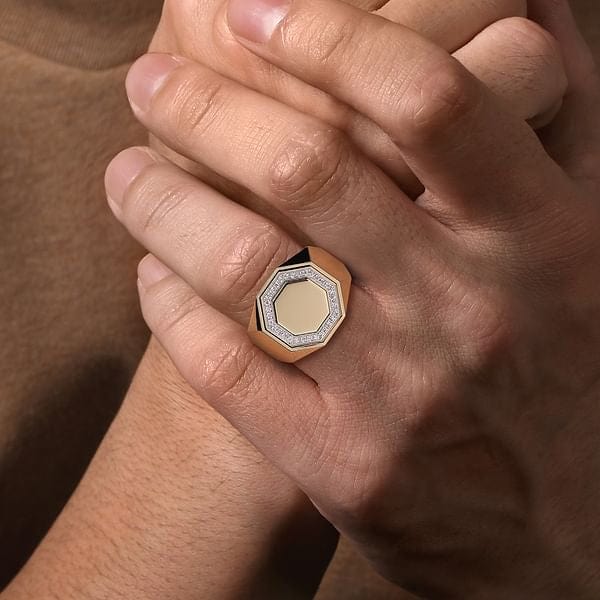 14K Yellow Gold Hexagon Diamond Ring in Sand Blast Finish - MR20016Y45JJ-Gabriel & Co.-Renee Taylor Gallery
