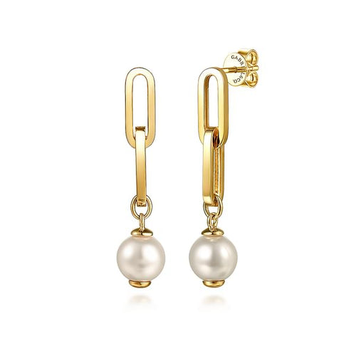 14K Yellow Gold Pearl Stud Drop Link Earrings - EG15190Y4JPL-Gabriel & Co.-Renee Taylor Gallery